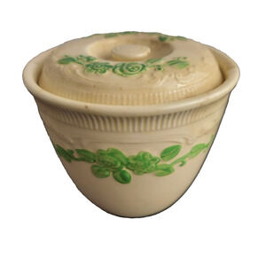 Grease Jar VTG Homer Laughlin Oven Serve Ware Embossed Cream Green Ivy Bean Pot